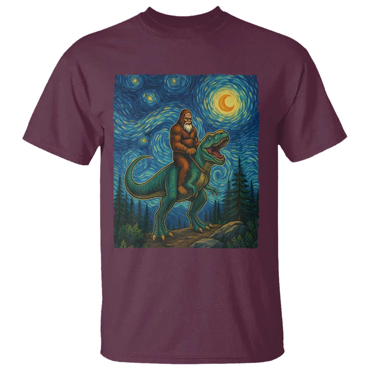 Bigfoot Dinosaur T Shirt Funny Prehistoric Starry Night Van Gogh TS12 Maroon Print Your Wear