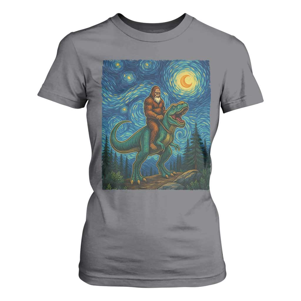 Bigfoot Dinosaur T Shirt For Women Funny Prehistoric Starry Night Van Gogh TS12 Charcoal Print Your Wear