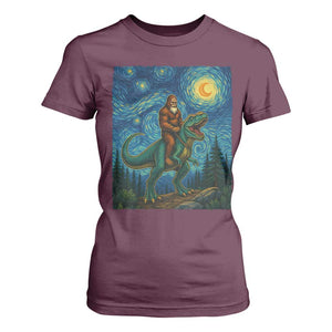 Bigfoot Dinosaur T Shirt For Women Funny Prehistoric Starry Night Van Gogh TS12 Maroon Print Your Wear
