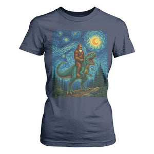 Bigfoot Dinosaur T Shirt For Women Funny Prehistoric Starry Night Van Gogh TS12 Navy Print Your Wear