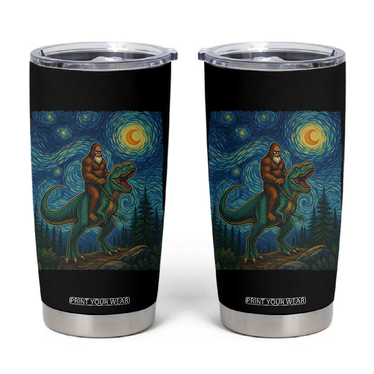 Bigfoot Dinosaur Tumbler Cup Funny Prehistoric Starry Night Van Gogh TS12 Black Print Your Wear