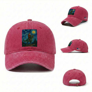 Bigfoot Dinosaur Washed Cotton Baseball Cap Funny Prehistoric Starry Night Van Gogh TS12 Washed Cap Universal Fit Red Print Your Wear