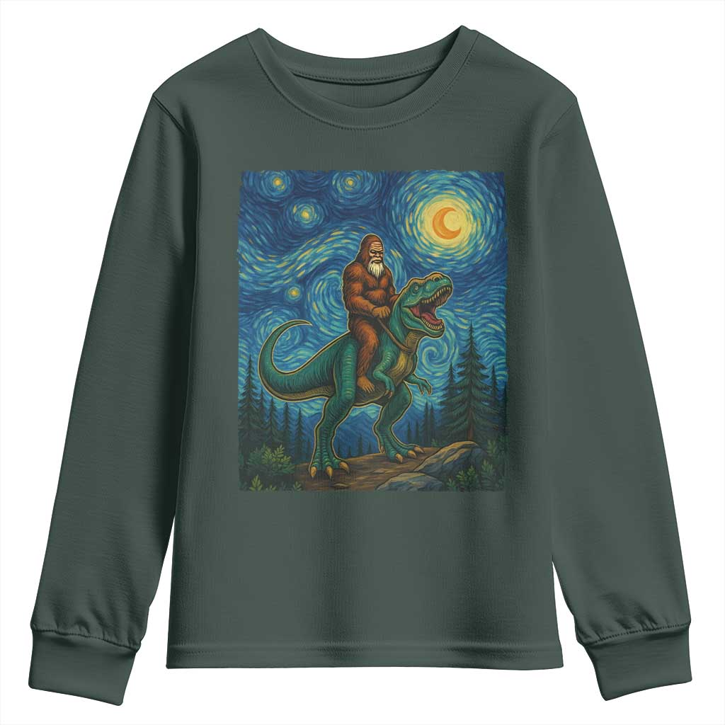 Bigfoot Dinosaur Youth Sweatshirt Funny Prehistoric Starry Night Van Gogh TS12 Dark Forest Green Print Your Wear