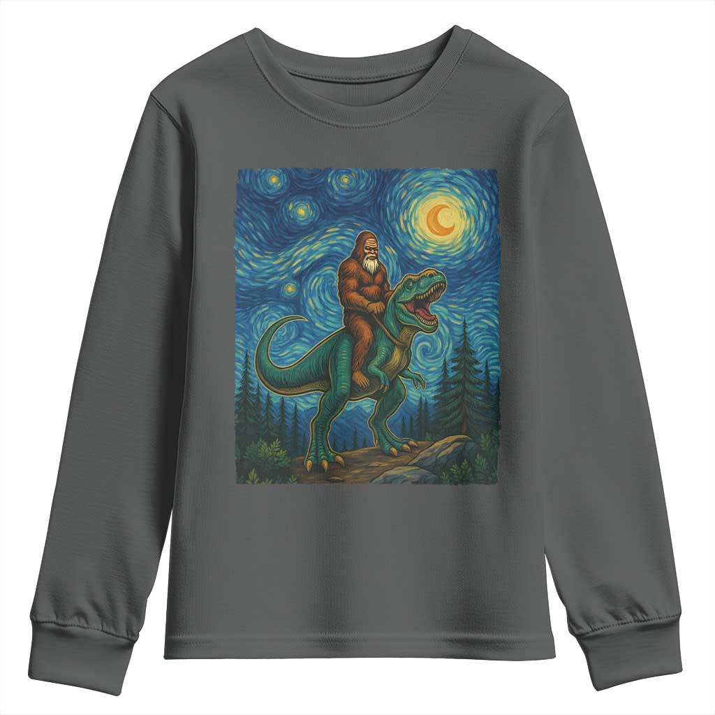 Bigfoot Dinosaur Youth Sweatshirt Funny Prehistoric Starry Night Van Gogh TS12 Dark Heather Print Your Wear