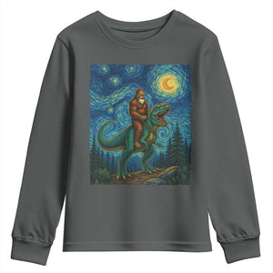Bigfoot Dinosaur Youth Sweatshirt Funny Prehistoric Starry Night Van Gogh TS12 Dark Heather Print Your Wear