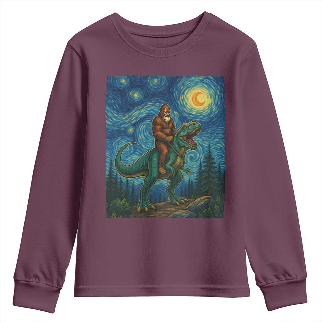Bigfoot Dinosaur Youth Sweatshirt Funny Prehistoric Starry Night Van Gogh TS12 Maroon Print Your Wear