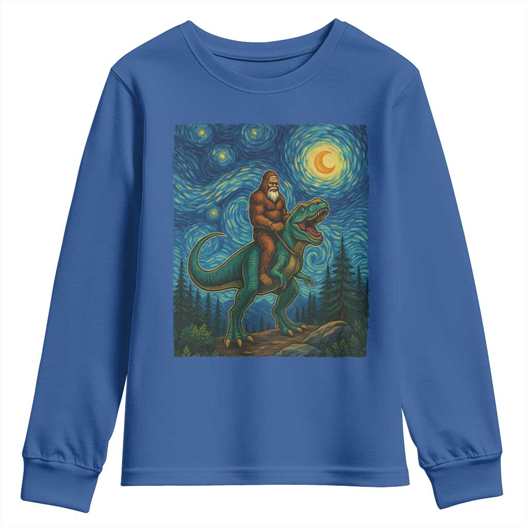 Bigfoot Dinosaur Youth Sweatshirt Funny Prehistoric Starry Night Van Gogh TS12 Royal Blue Print Your Wear