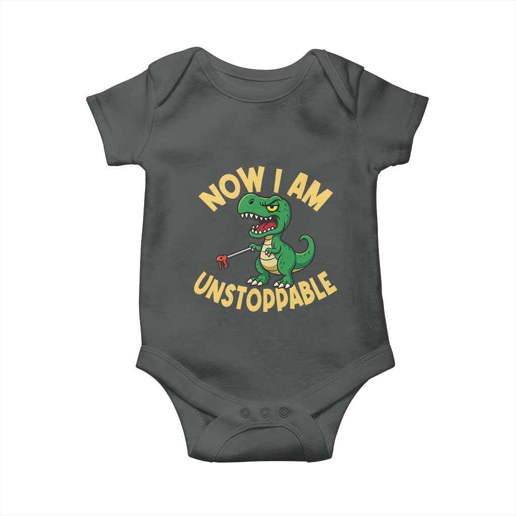 Now I Am Unstoppable Baby Onesie Funny Dinosaur Lovers TS12 Dark Heather Print Your Wear