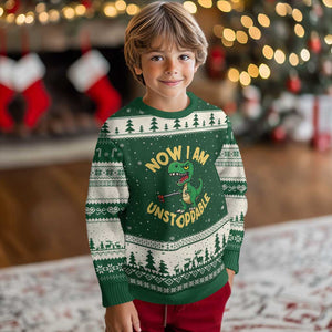 Now I Am Unstoppable Ugly Christmas Sweater Funny Dinosaur Lovers TS12 Forest Green Beige Print Your Wear