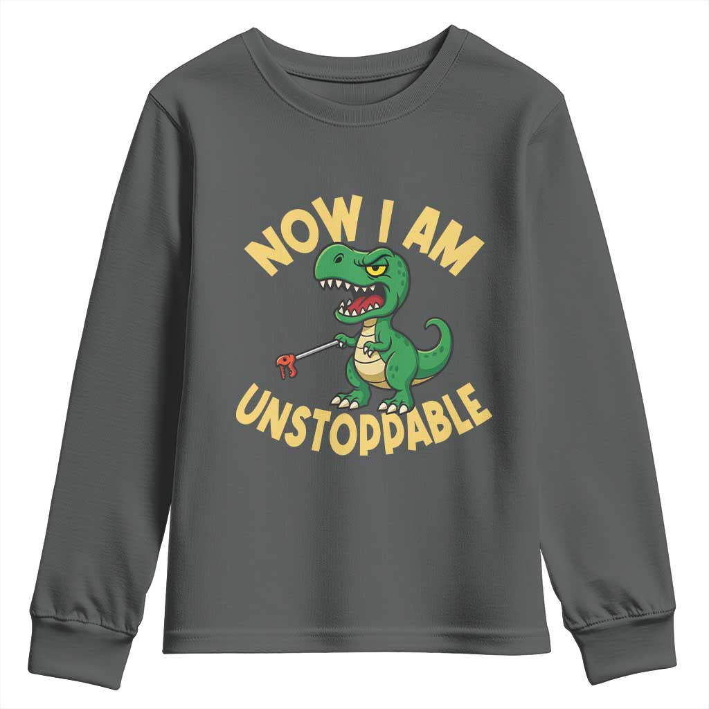 Now I Am Unstoppable Youth Sweatshirt Funny Dinosaur Lovers TS12 Dark Heather Print Your Wear