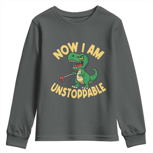 Now I Am Unstoppable Youth Sweatshirt Funny Dinosaur Lovers TS12 Dark Heather Print Your Wear