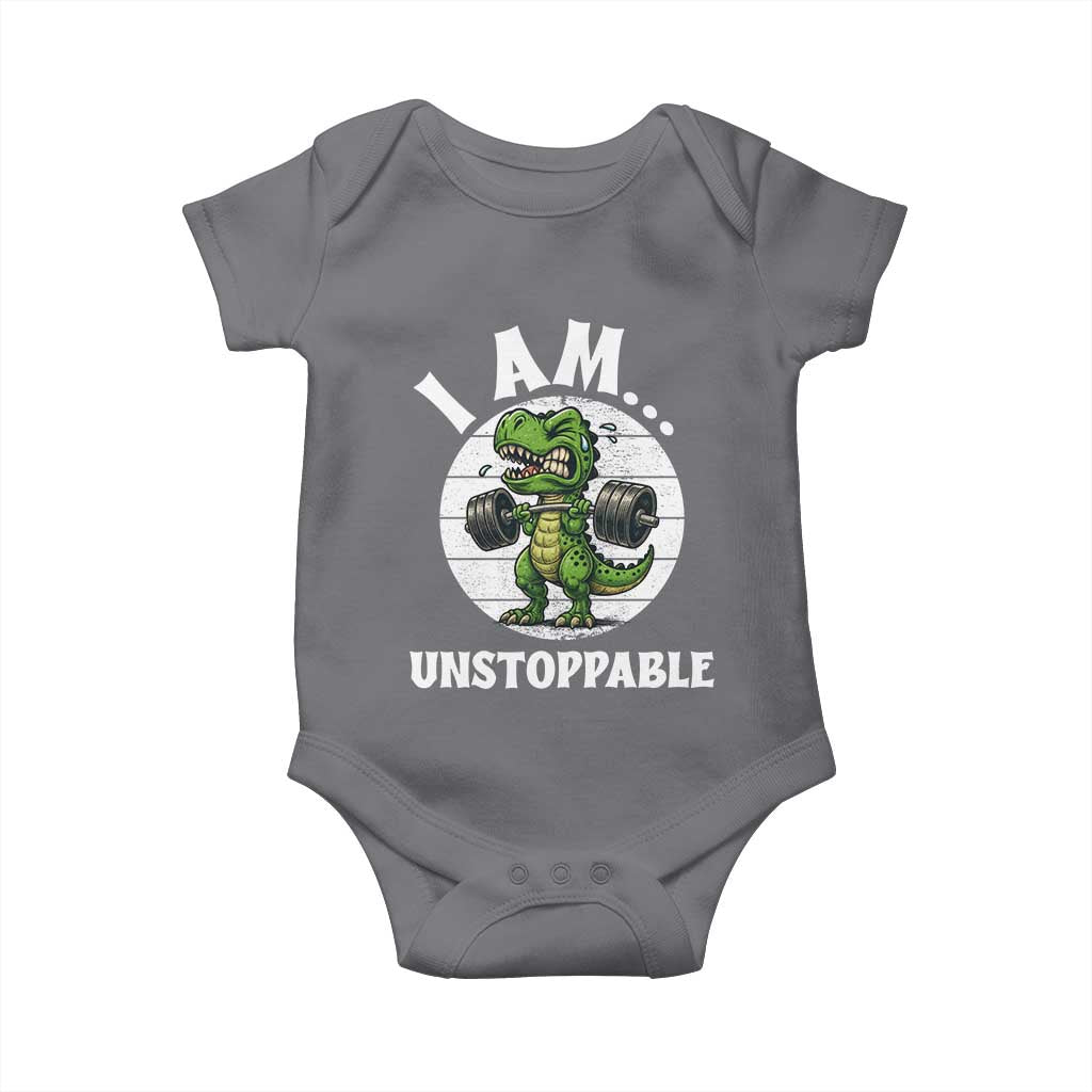 I Am Unstoppable Baby Onesie Funny Weightlifting Dinosaur Gym TS12 Charcoal Print Your Wear