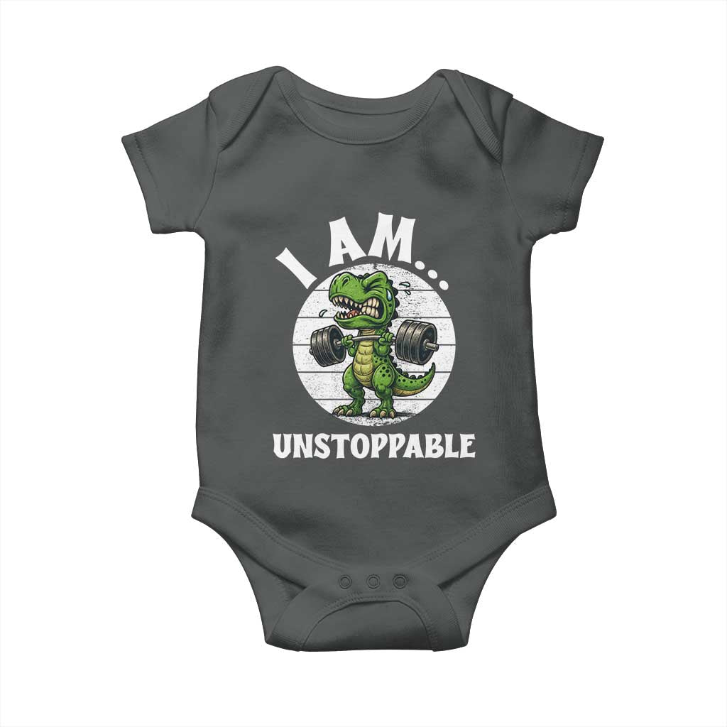 I Am Unstoppable Baby Onesie Funny Weightlifting Dinosaur Gym TS12 Dark Heather Print Your Wear