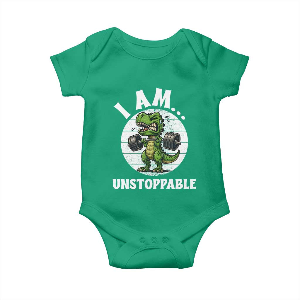 I Am Unstoppable Baby Onesie Funny Weightlifting Dinosaur Gym TS12 Irish Green Print Your Wear