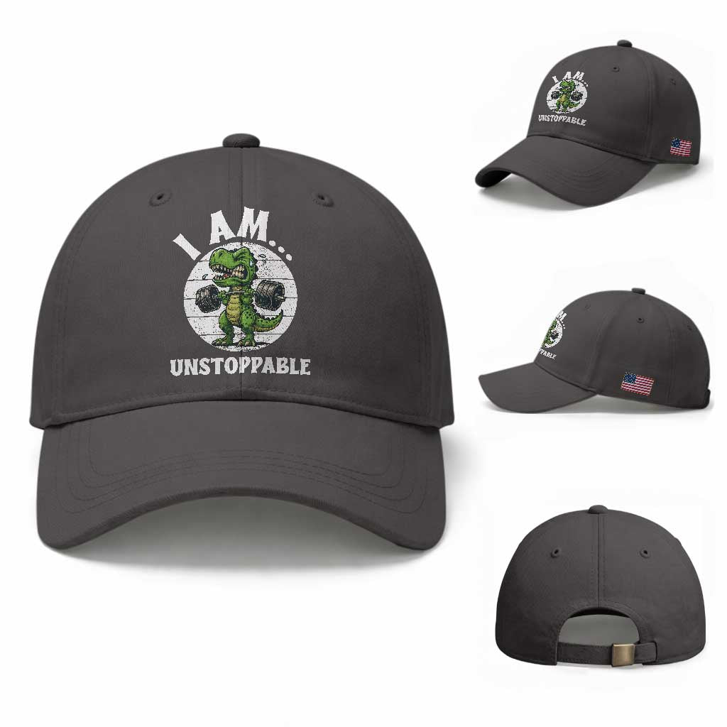 I Am Unstoppable Baseball Cap Funny Weightlifting Dinosaur Gym TS12 Baseball Cap Universal Fit Dark Gray Print Your Wear