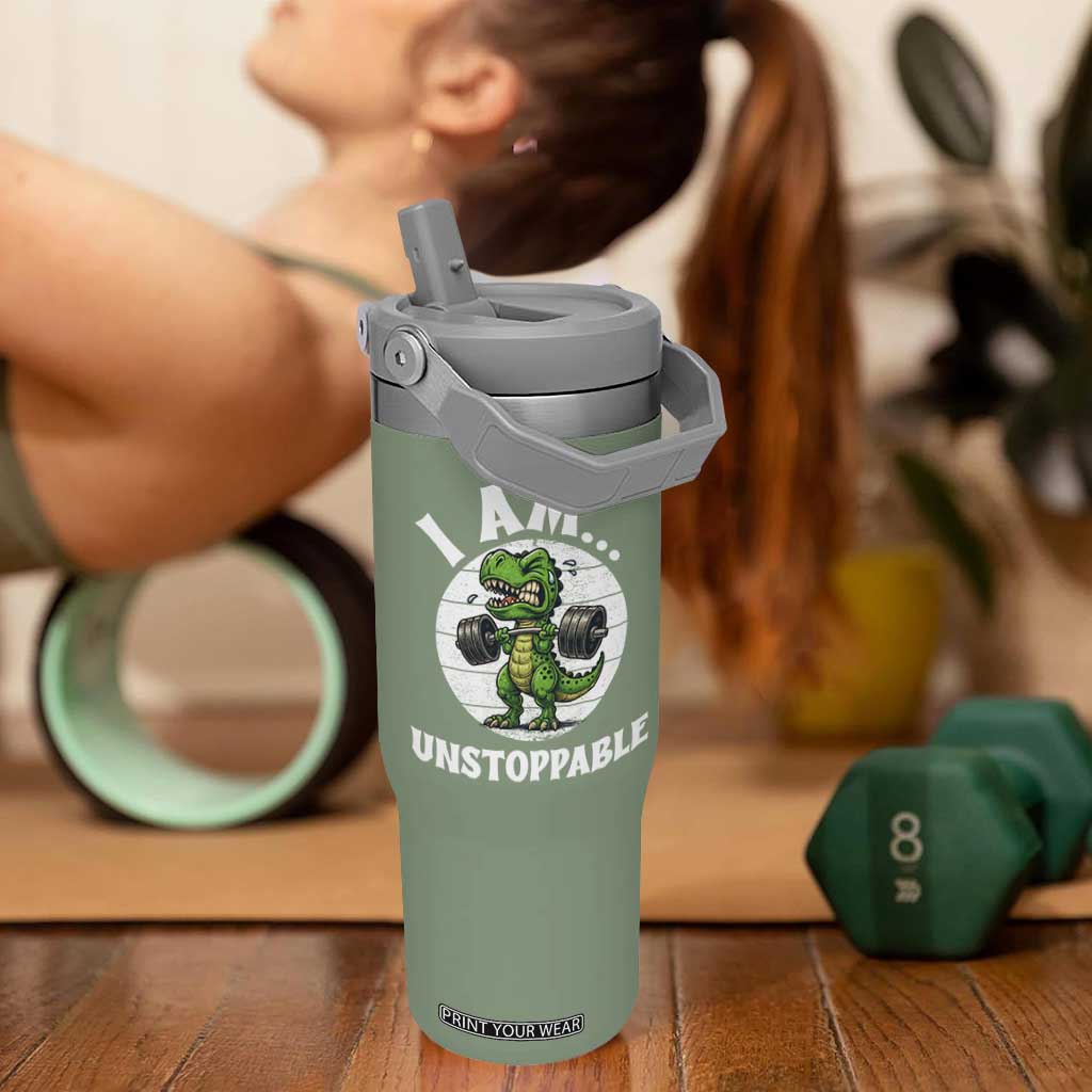 I Am Unstoppable Flip Straw Tumbler Funny Weightlifting Dinosaur Gym TS12 One Size: 30 oz Moss Green Print Your Wear