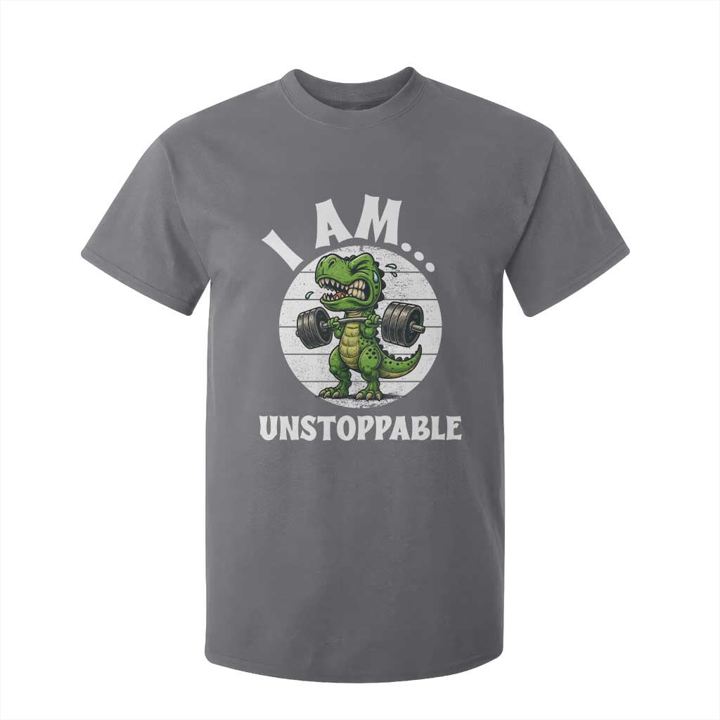 I Am Unstoppable T Shirt For Kid Funny Weightlifting Dinosaur Gym TS12 Charcoal Print Your Wear
