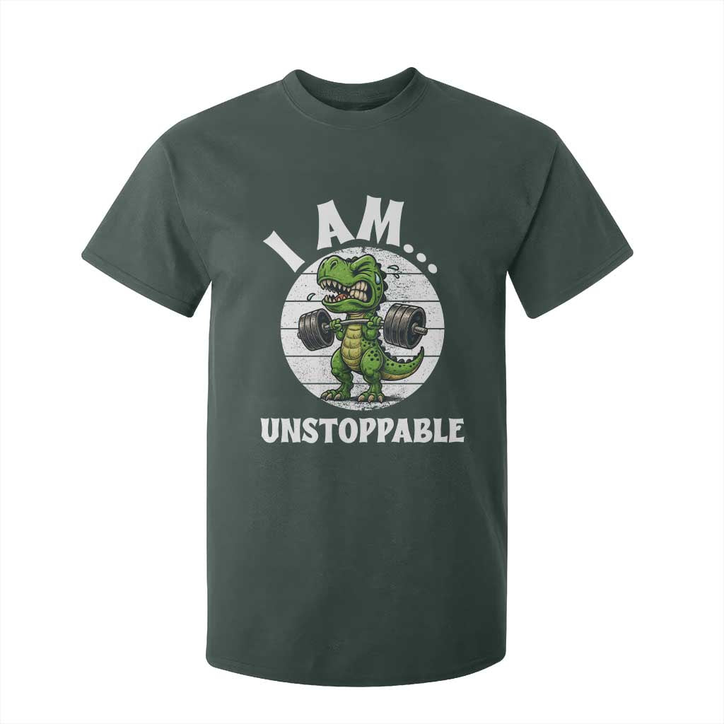 I Am Unstoppable T Shirt For Kid Funny Weightlifting Dinosaur Gym TS12 Dark Forest Green Print Your Wear