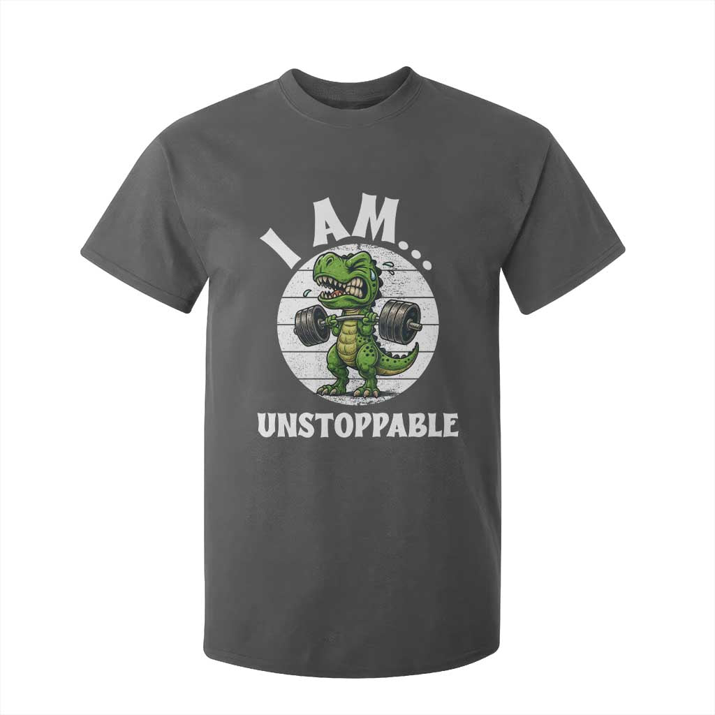 I Am Unstoppable T Shirt For Kid Funny Weightlifting Dinosaur Gym TS12 Dark Heather Print Your Wear