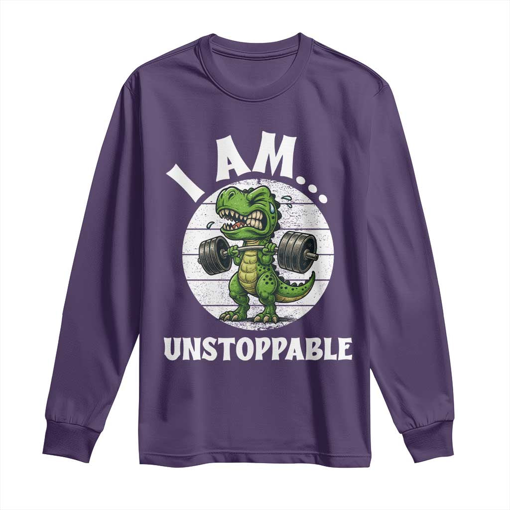 I Am Unstoppable Long Sleeve Shirt Funny Weightlifting Dinosaur Gym TS12 Purple Print Your Wear