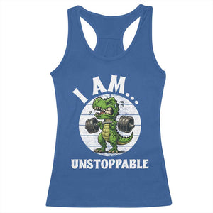 I Am Unstoppable Racerback Tank Top Funny Weightlifting Dinosaur Gym TS12 Royal Blue Print Your Wear