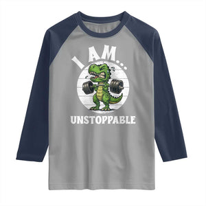 I Am Unstoppable Raglan Shirt Funny Weightlifting Dinosaur Gym TS12 Sport Gray Navy Print Your Wear