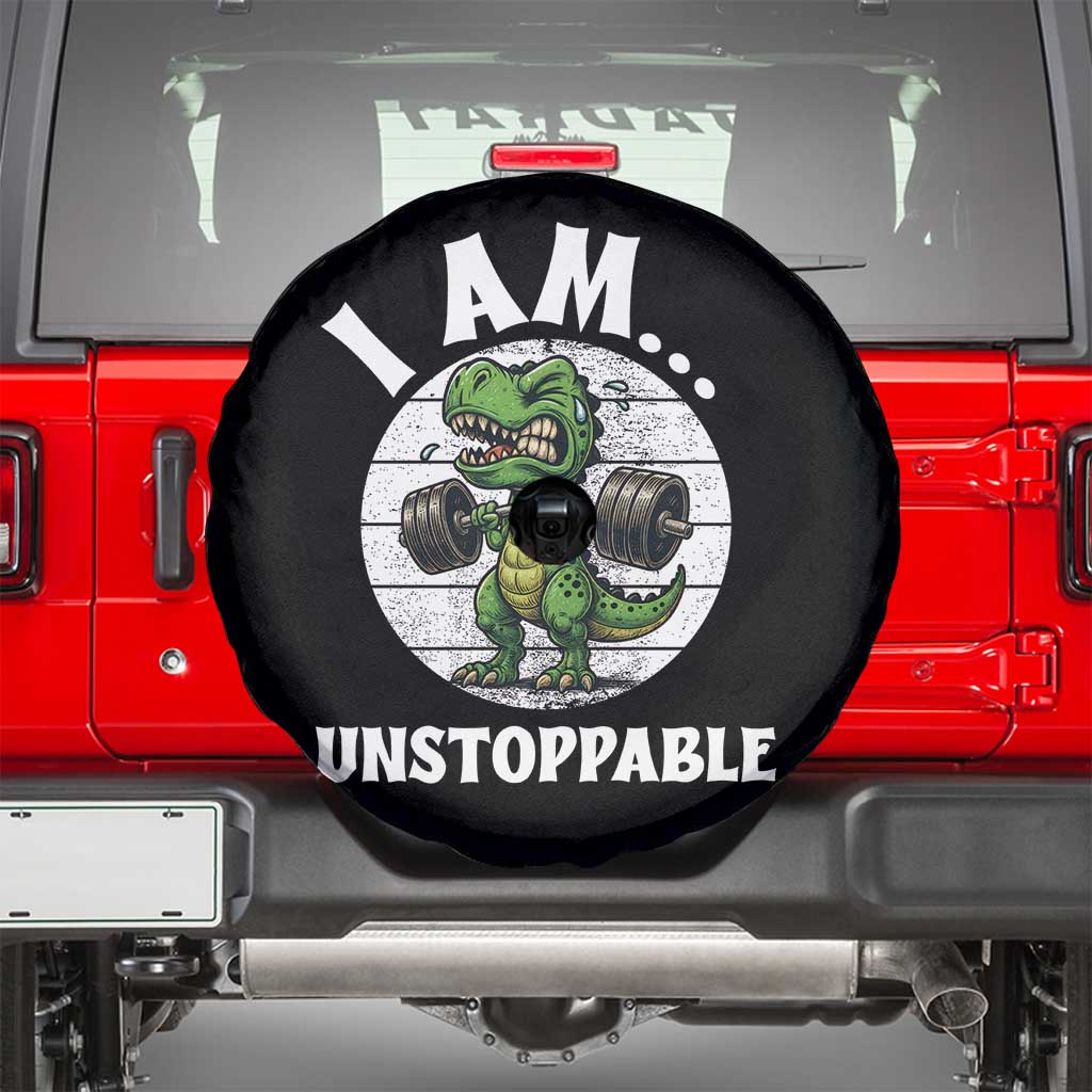 I Am Unstoppable Spare Tire Cover Funny Weightlifting Dinosaur Gym TS12 Black Print Your Wear