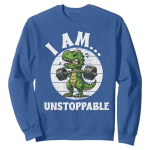 I Am Unstoppable Sweatshirt Funny Weightlifting Dinosaur Gym TS12 Royal Blue Print Your Wear