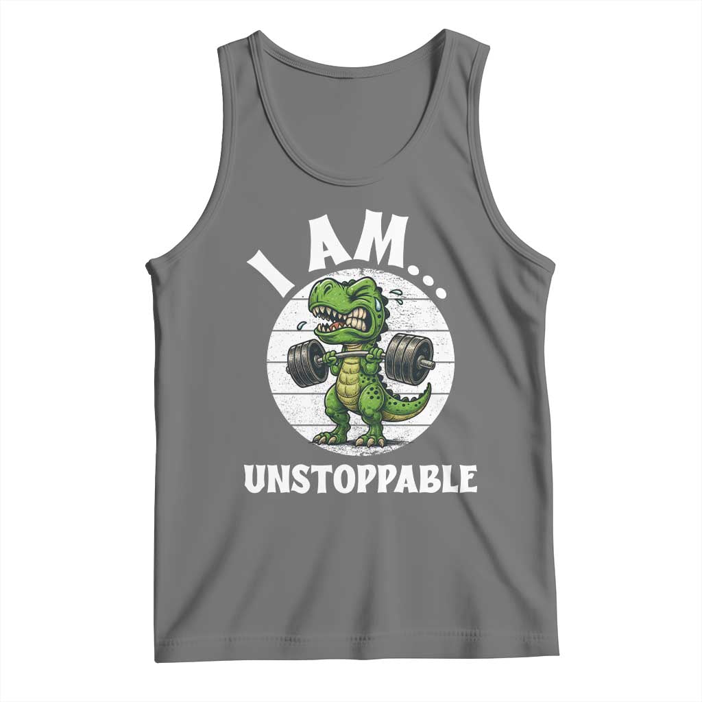 I Am Unstoppable Tank Top Funny Weightlifting Dinosaur Gym TS12 Black Heather Print Your Wear