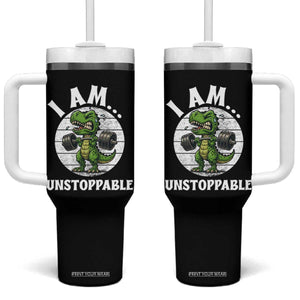 I Am Unstoppable Tumbler With Handle Funny Weightlifting Dinosaur Gym TS12 One Size: 40 oz Black Print Your Wear