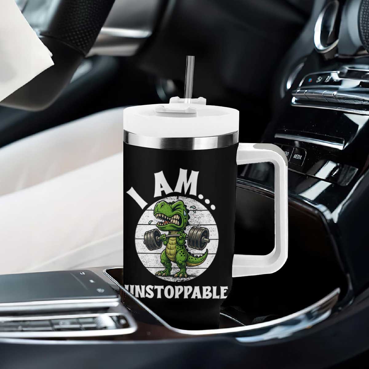I Am Unstoppable Tumbler With Handle Funny Weightlifting Dinosaur Gym TS12 Print Your Wear