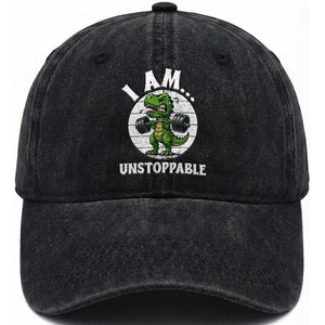 I Am Unstoppable Washed Cotton Baseball Cap Funny Weightlifting Dinosaur Gym TS12 Print Your Wear