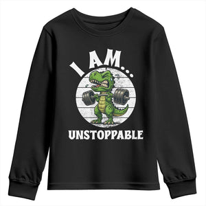 I Am Unstoppable Youth Sweatshirt Funny Weightlifting Dinosaur Gym TS12 Black Print Your Wear