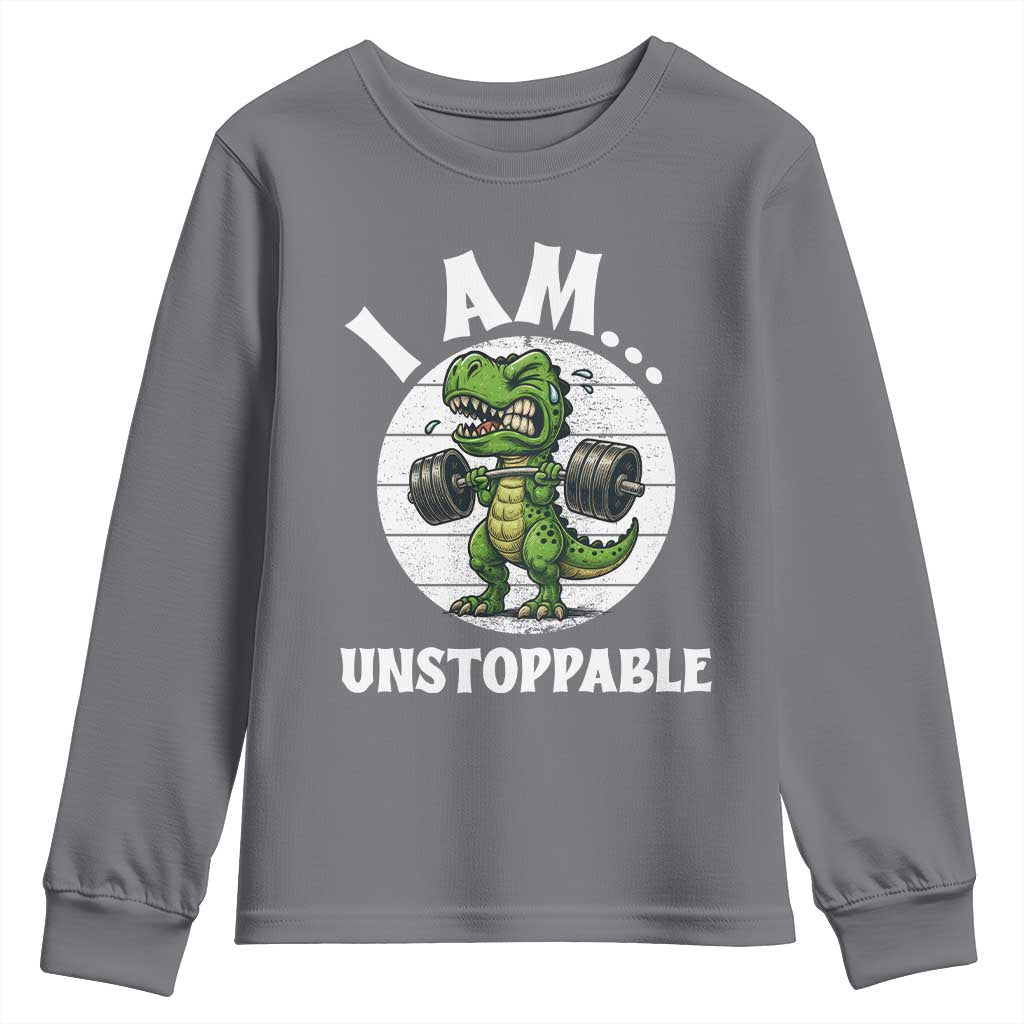 I Am Unstoppable Youth Sweatshirt Funny Weightlifting Dinosaur Gym TS12 Charcoal Print Your Wear