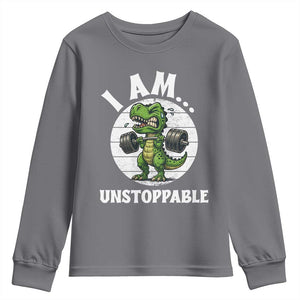 I Am Unstoppable Youth Sweatshirt Funny Weightlifting Dinosaur Gym TS12 Charcoal Print Your Wear
