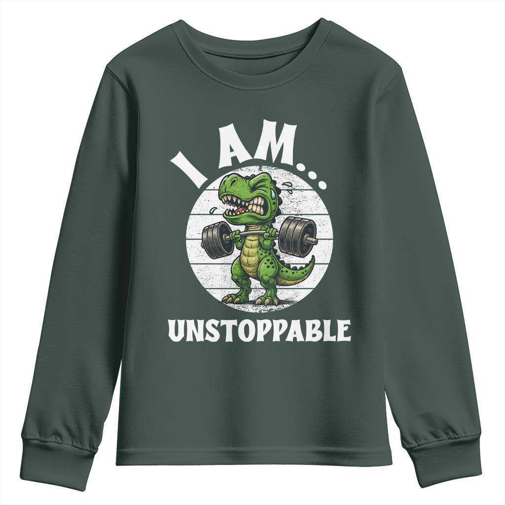 I Am Unstoppable Youth Sweatshirt Funny Weightlifting Dinosaur Gym TS12 Dark Forest Green Print Your Wear