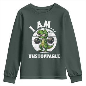 I Am Unstoppable Youth Sweatshirt Funny Weightlifting Dinosaur Gym TS12 Dark Forest Green Print Your Wear