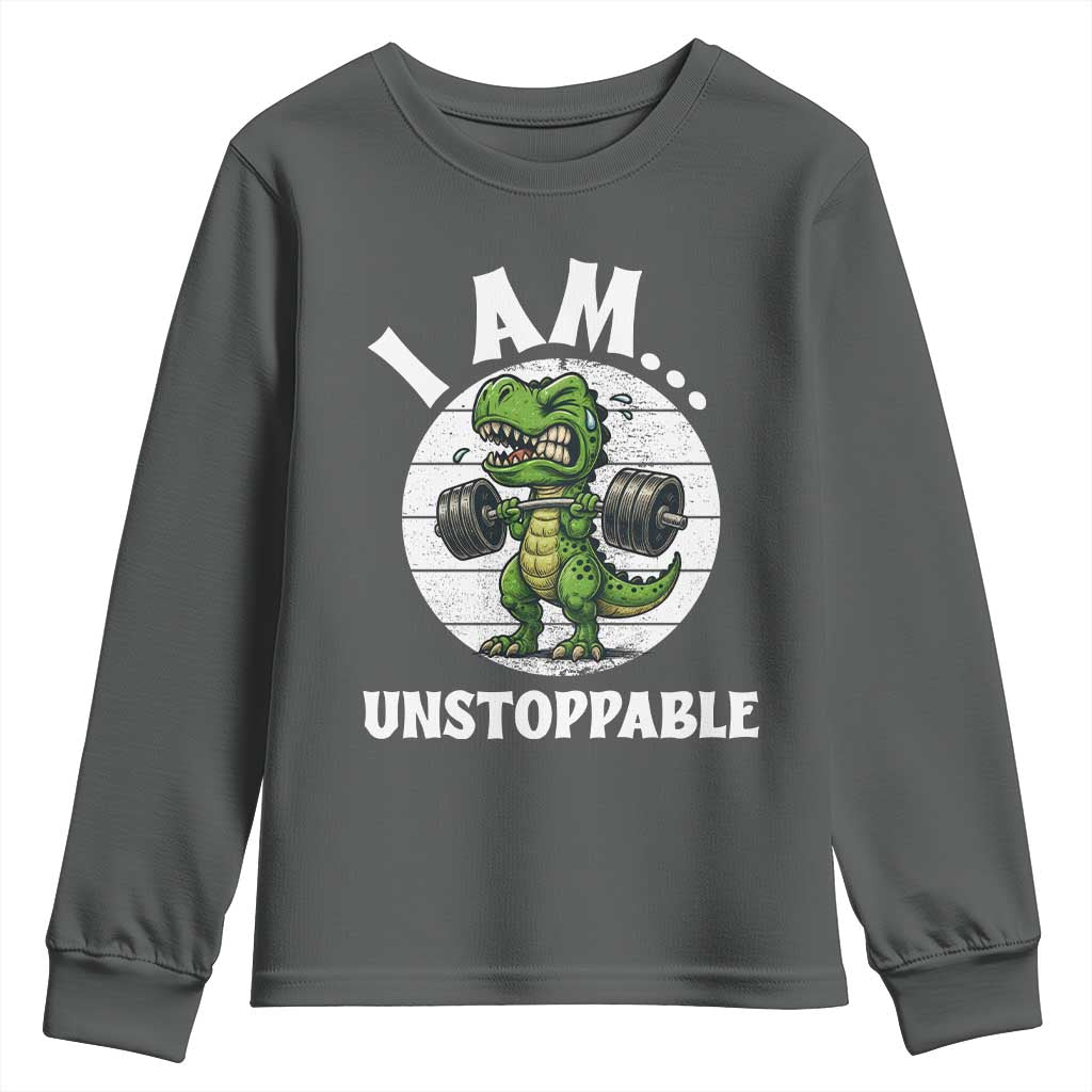 I Am Unstoppable Youth Sweatshirt Funny Weightlifting Dinosaur Gym TS12 Dark Heather Print Your Wear
