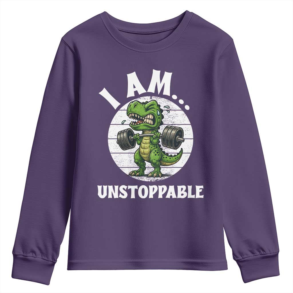 I Am Unstoppable Youth Sweatshirt Funny Weightlifting Dinosaur Gym TS12 Purple Print Your Wear