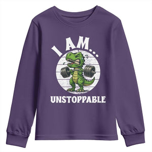 I Am Unstoppable Youth Sweatshirt Funny Weightlifting Dinosaur Gym TS12 Purple Print Your Wear