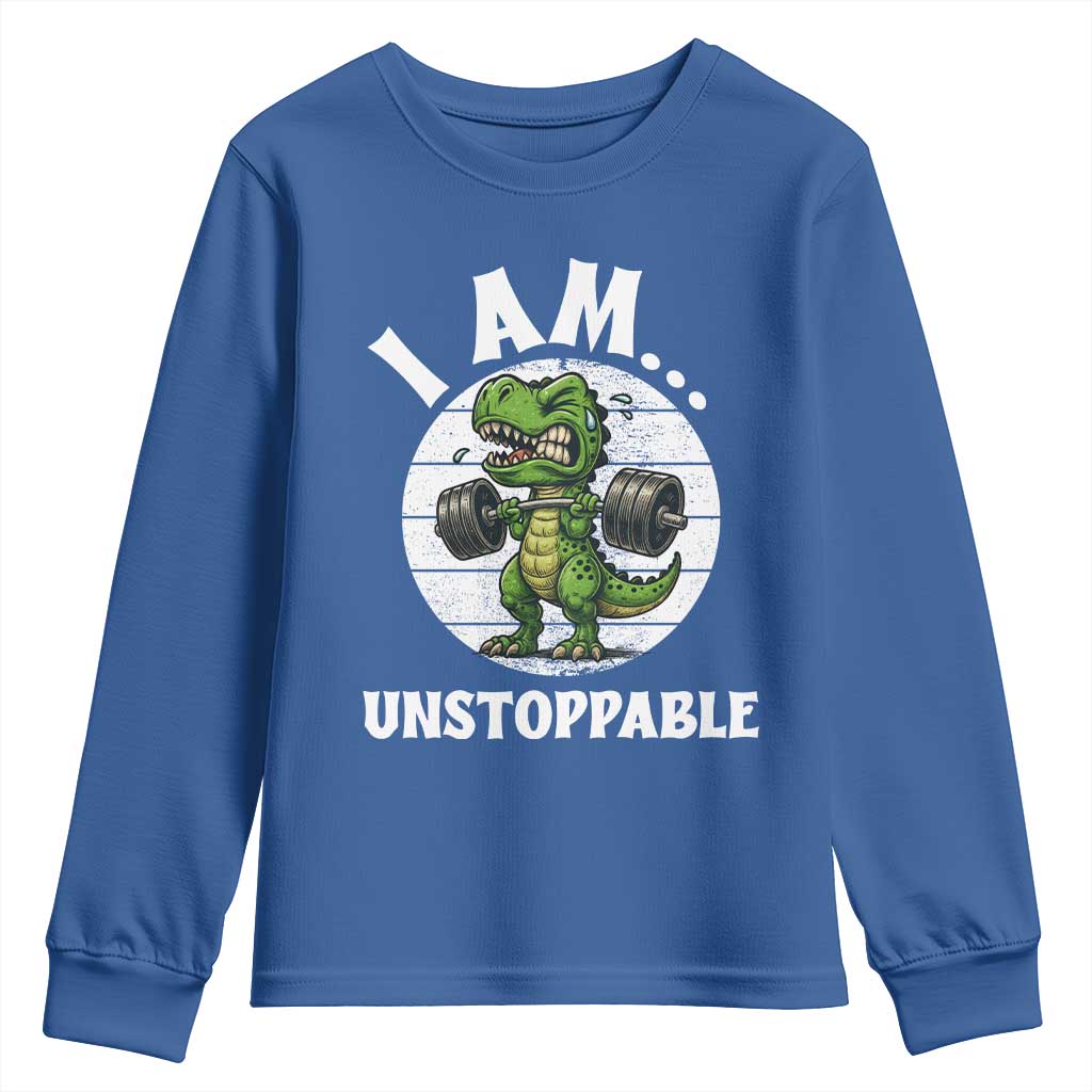 I Am Unstoppable Youth Sweatshirt Funny Weightlifting Dinosaur Gym TS12 Royal Blue Print Your Wear