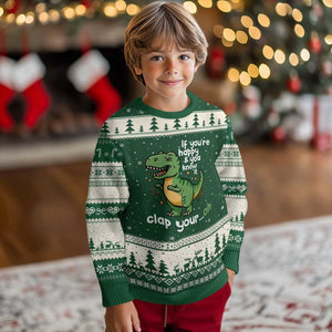 Funny Dino Lovers Ugly Christmas Sweater If You Are Happy And You Know It Clap Your Oh TS12 Forest Green Beige Print Your Wear