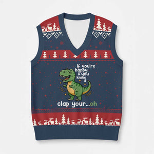 Funny Dino Lovers V-Neck Knit Sweater Vest If You Are Happy And You Know It Clap Your Oh TS12 Navy Red Print Your Wear