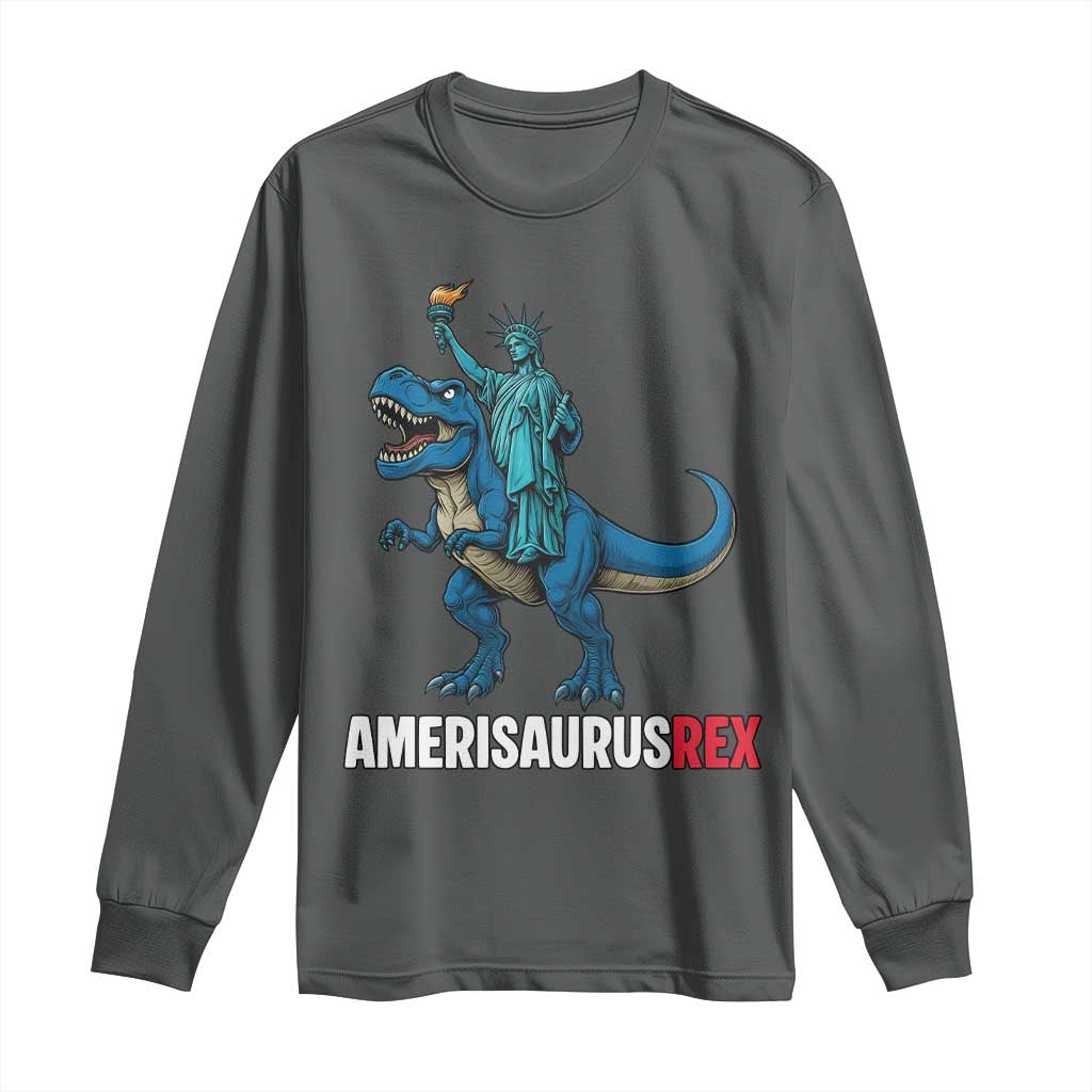 Patriotic Dinosaur Long Sleeve Shirt Funny Amerisaurus Rex Statue Of Liberty Dino TS12 Dark Heather Print Your Wear