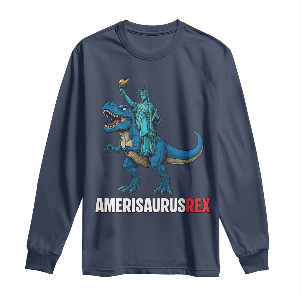 Patriotic Dinosaur Long Sleeve Shirt Funny Amerisaurus Rex Statue Of Liberty Dino TS12 Navy Print Your Wear