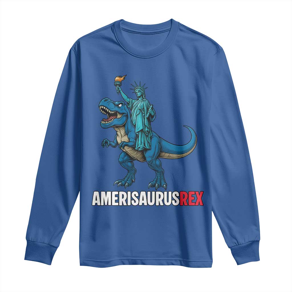 Patriotic Dinosaur Long Sleeve Shirt Funny Amerisaurus Rex Statue Of Liberty Dino TS12 Royal Blue Print Your Wear