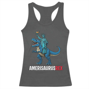 Patriotic Dinosaur Racerback Tank Top Funny Amerisaurus Rex Statue Of Liberty Dino TS12 Dark Heather Print Your Wear
