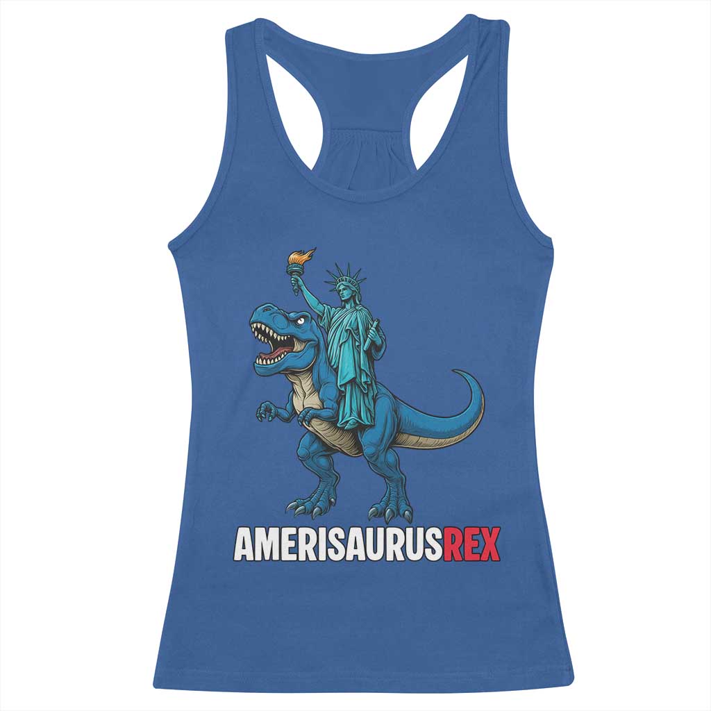 Patriotic Dinosaur Racerback Tank Top Funny Amerisaurus Rex Statue Of Liberty Dino TS12 Royal Blue Print Your Wear