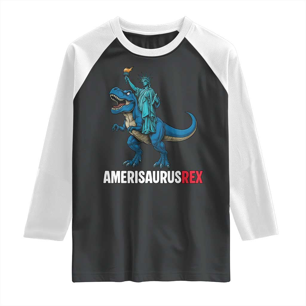 Patriotic Dinosaur Raglan Shirt Funny Amerisaurus Rex Statue Of Liberty Dino TS12 Black White Print Your Wear