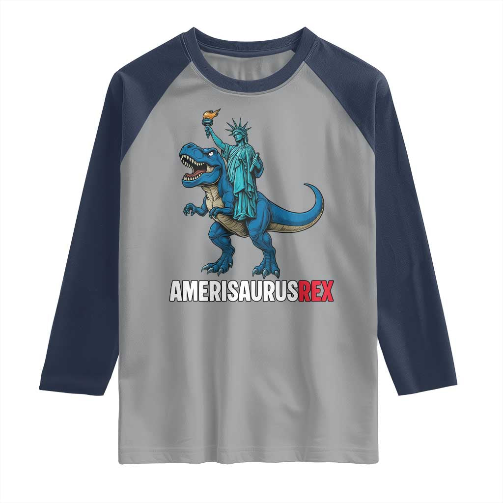 Patriotic Dinosaur Raglan Shirt Funny Amerisaurus Rex Statue Of Liberty Dino TS12 Sport Gray Navy Print Your Wear